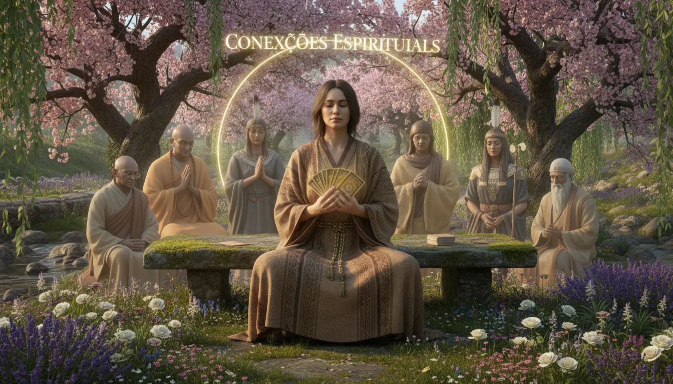 Relações entre o Tarot e Tradições Espirituais ao Redor do Mundo Praticante de tarot meditando em meio à natureza e líderes espirituais.