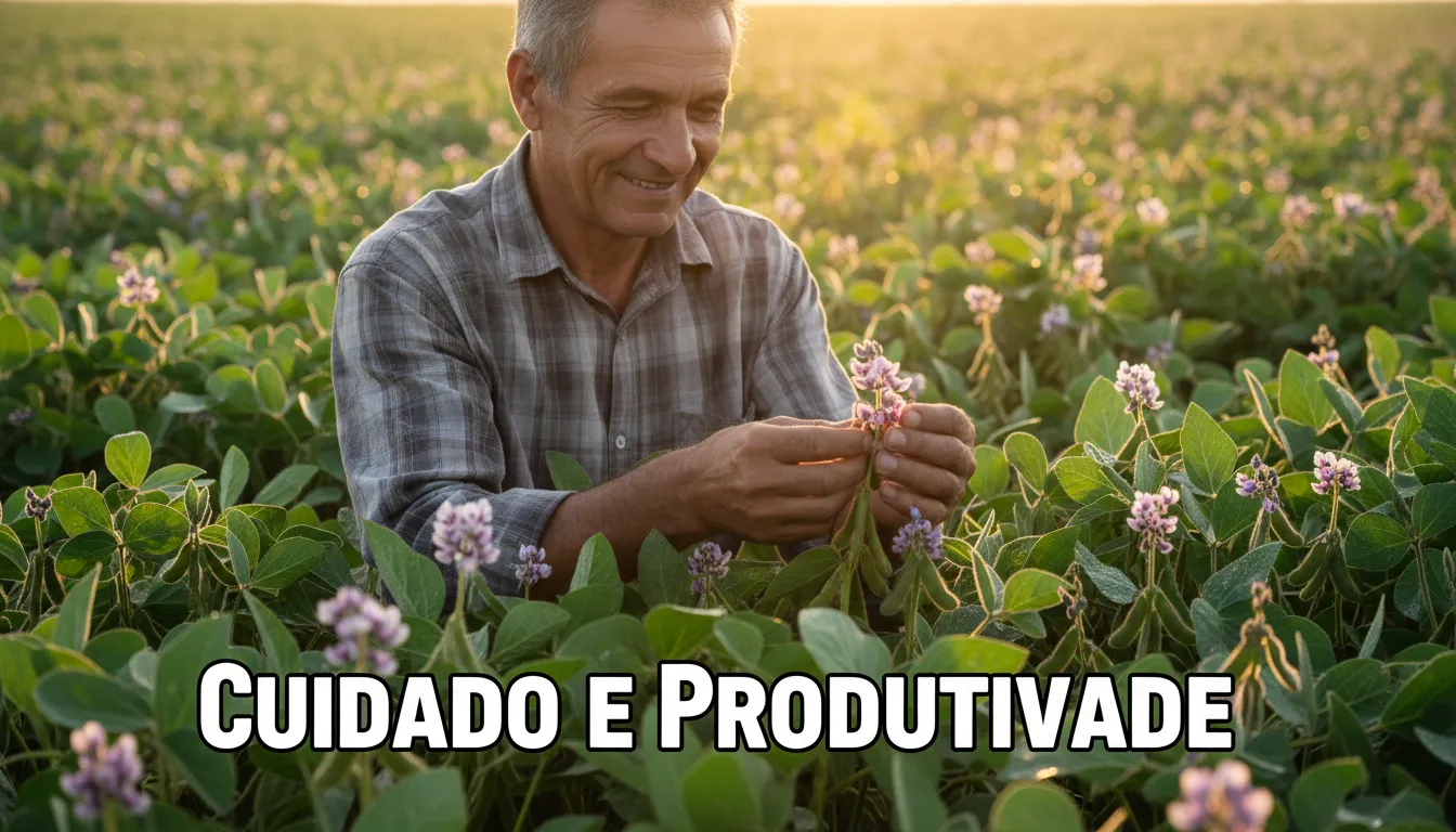 Agricultor examinando soja em florescimento, representando cuidado e produtividade.