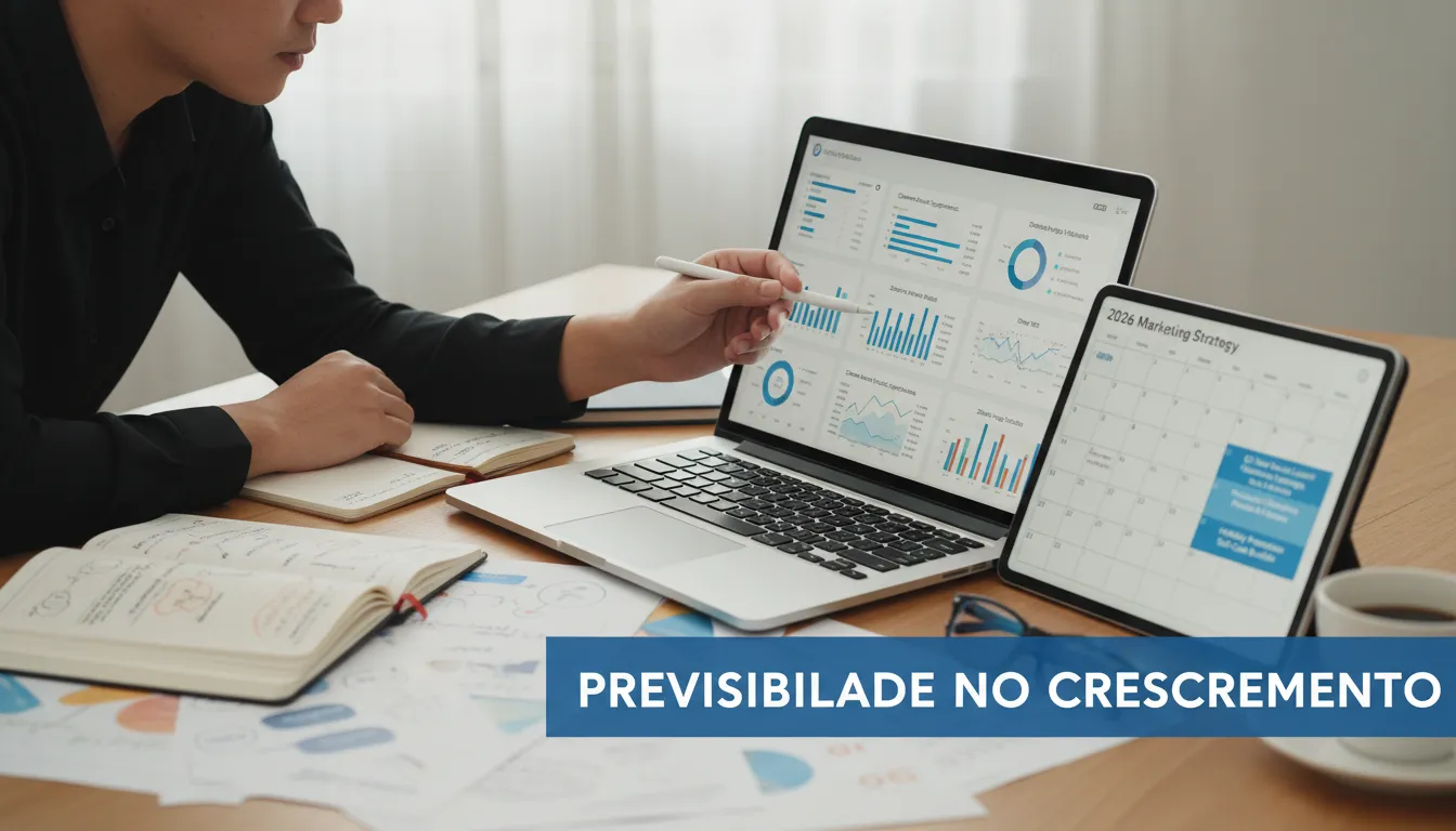 Pessoa analisando dados de marketing com calendário digital.