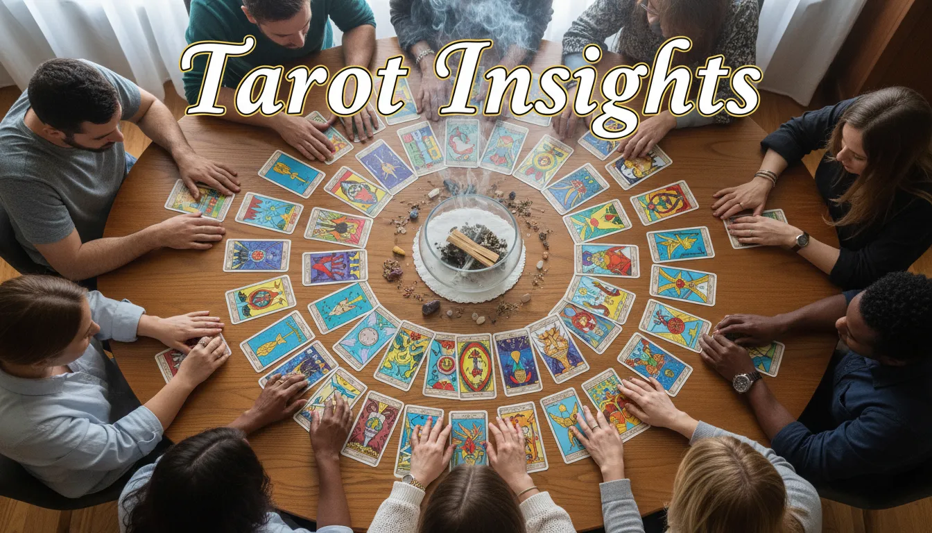 Grupo diverso reunido em torno de cartas de tarot, explorando seus significados. O Aooraculo Blog mostra como o tarot pode revolucionar a vida pessoal ao promover a conexão e a partilha de experiências.