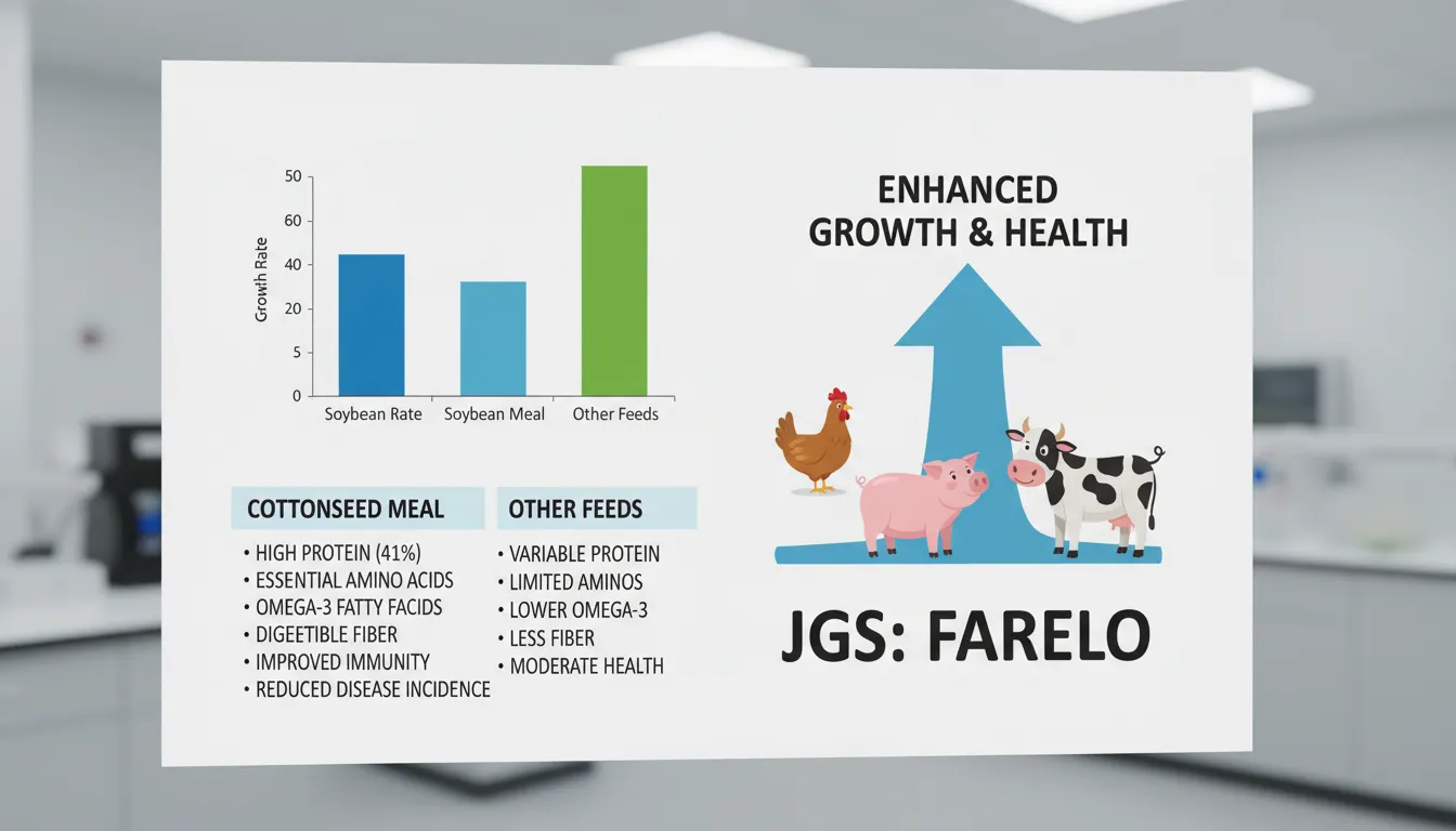 Gráfico nutricional comparando os benefícios do farelo de algodão com outros alimentos para animais. Análise de farelo de algodão dieta e seus benefícios.