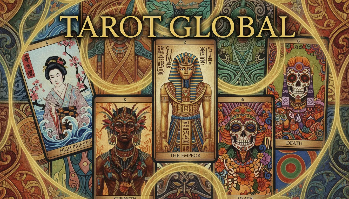 Relações entre o Tarot e Tradições Espirituais ao Redor do Mundo Cartas de tarot de diferentes culturas exibindo diversidade.