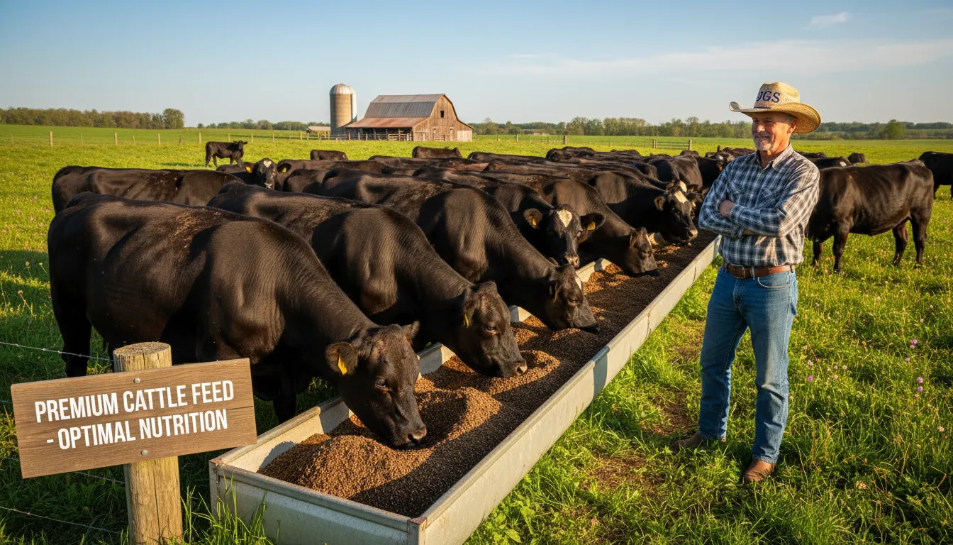 Cena de fazenda bem iluminada mostrando gado saudável se alimentando com uma dieta balanceada que inclui farelo de algodão. Destaque para o farelo de algodão dieta animal.