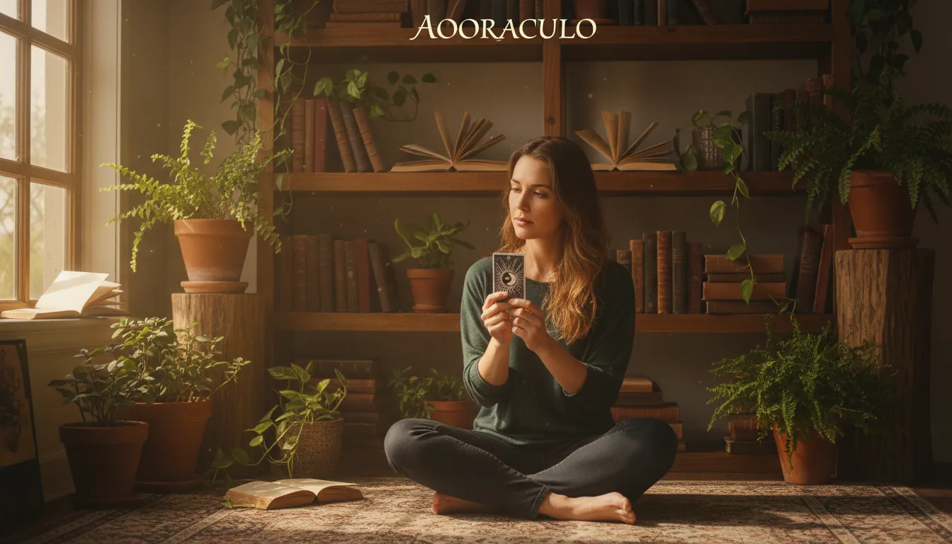 Mulher serena praticando tarot, refletindo sobre seu significado. Uma imagem do Aooraculo Blog que sugere como o tarot pode revolucionar a vida pessoal através da introspecção e autoconhecimento.