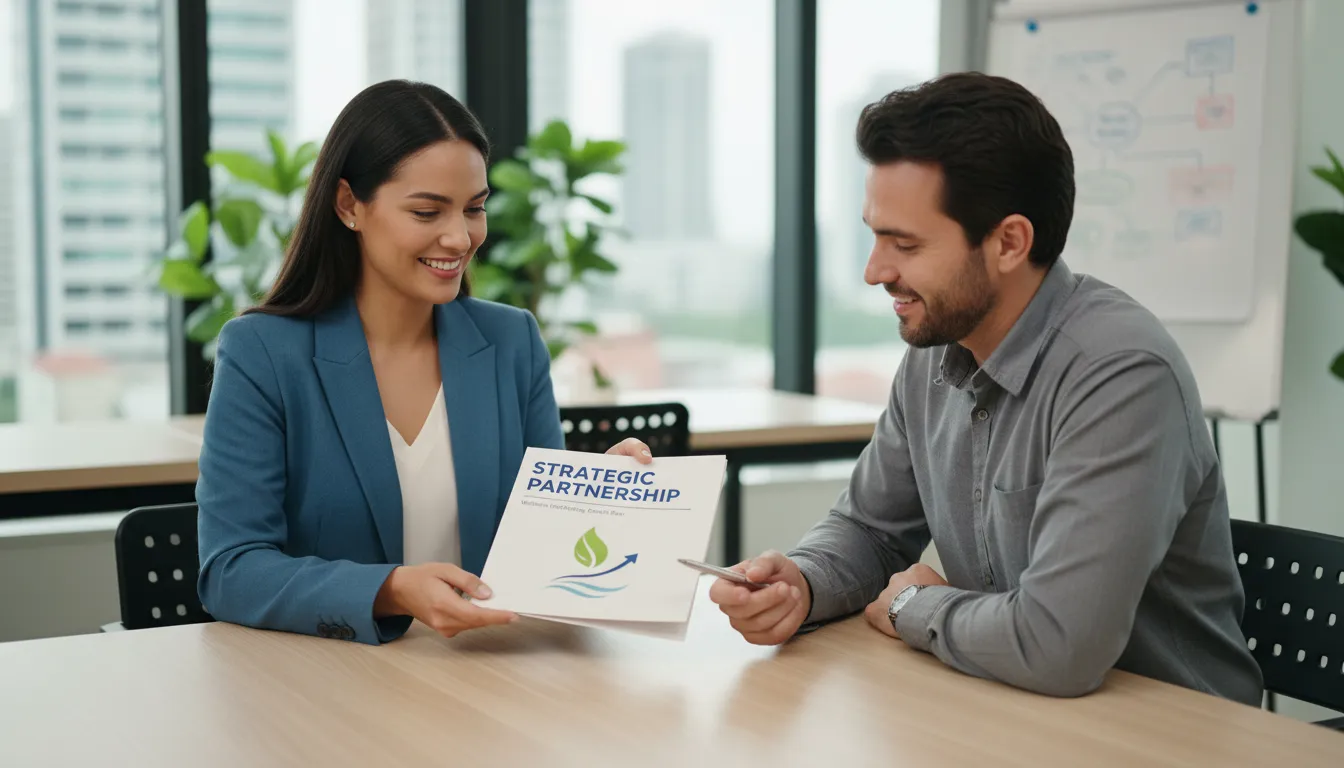 Consultor apresentando estratégias de marketing a um proprietário de negócio em um escritório moderno.