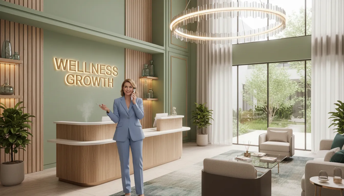 Recepcionista de clínica wellness, com design de luxo, atendendo ao telefone, representando o uso de mensagem automática whatsapp business para clientes.