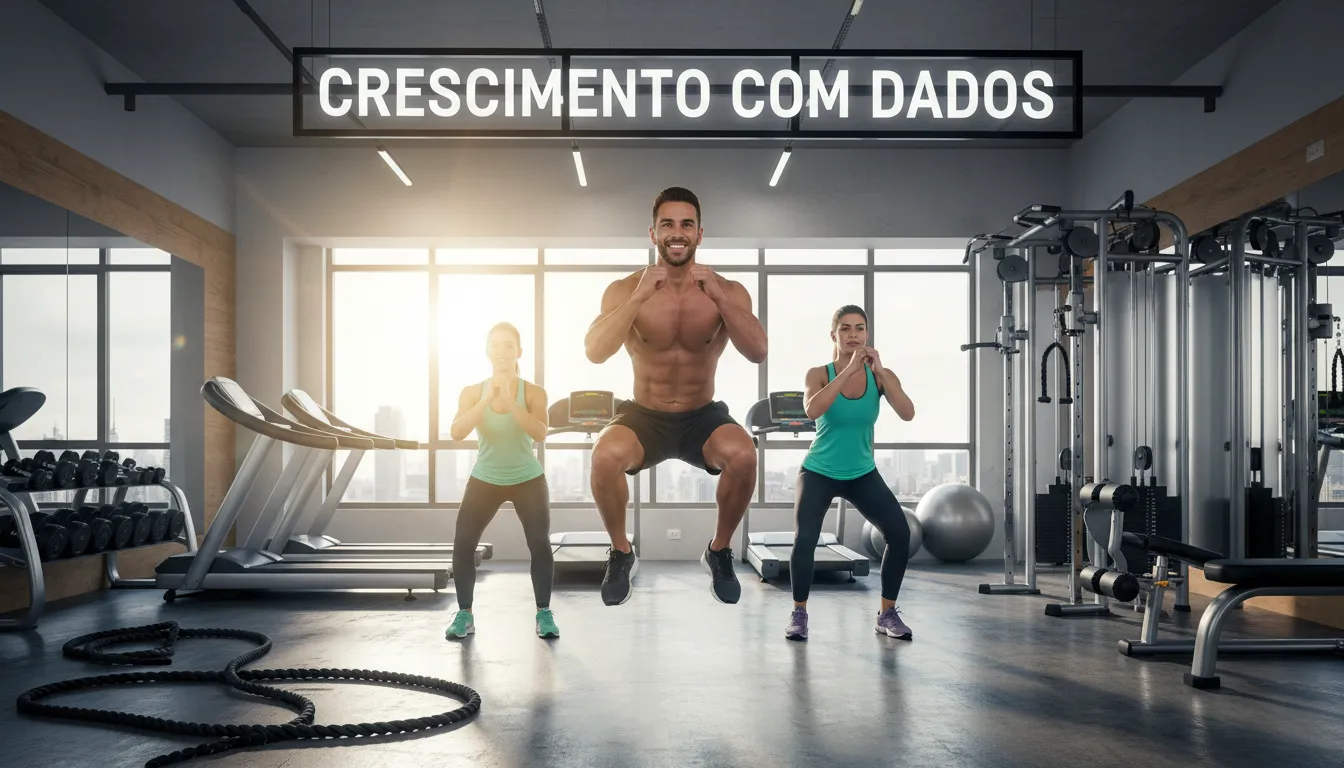 Personal trainer em estúdio premium, promovendo uma atmosfera de bem-estar e energia.