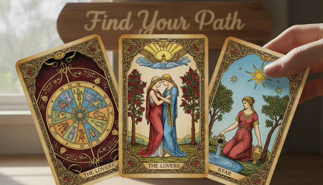 Detalhe de cartas de tarot com símbolos de amor e destino.