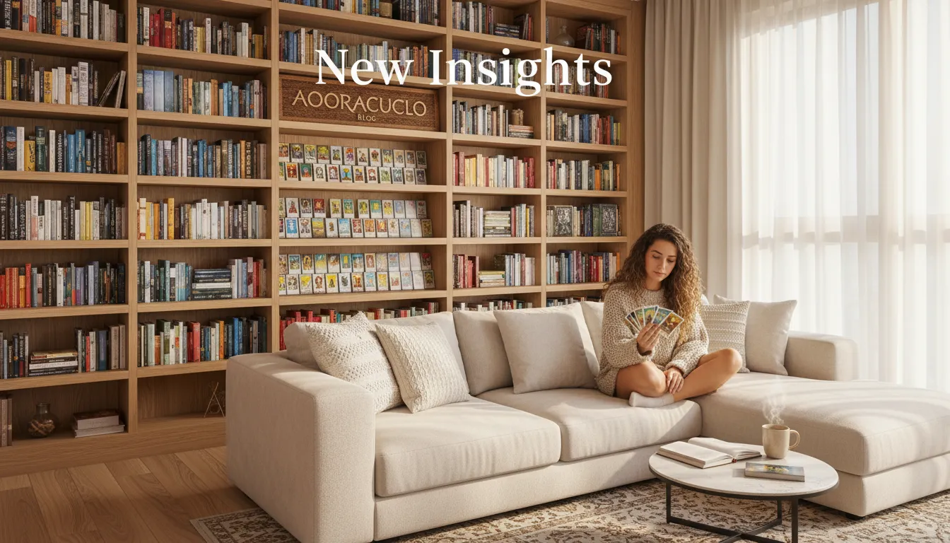 Mulher relaxada em sua casa, explorando o tarot para revolucionar vida pessoal, com livros e referências ao Aooraculo Blog, em busca de novos insights.