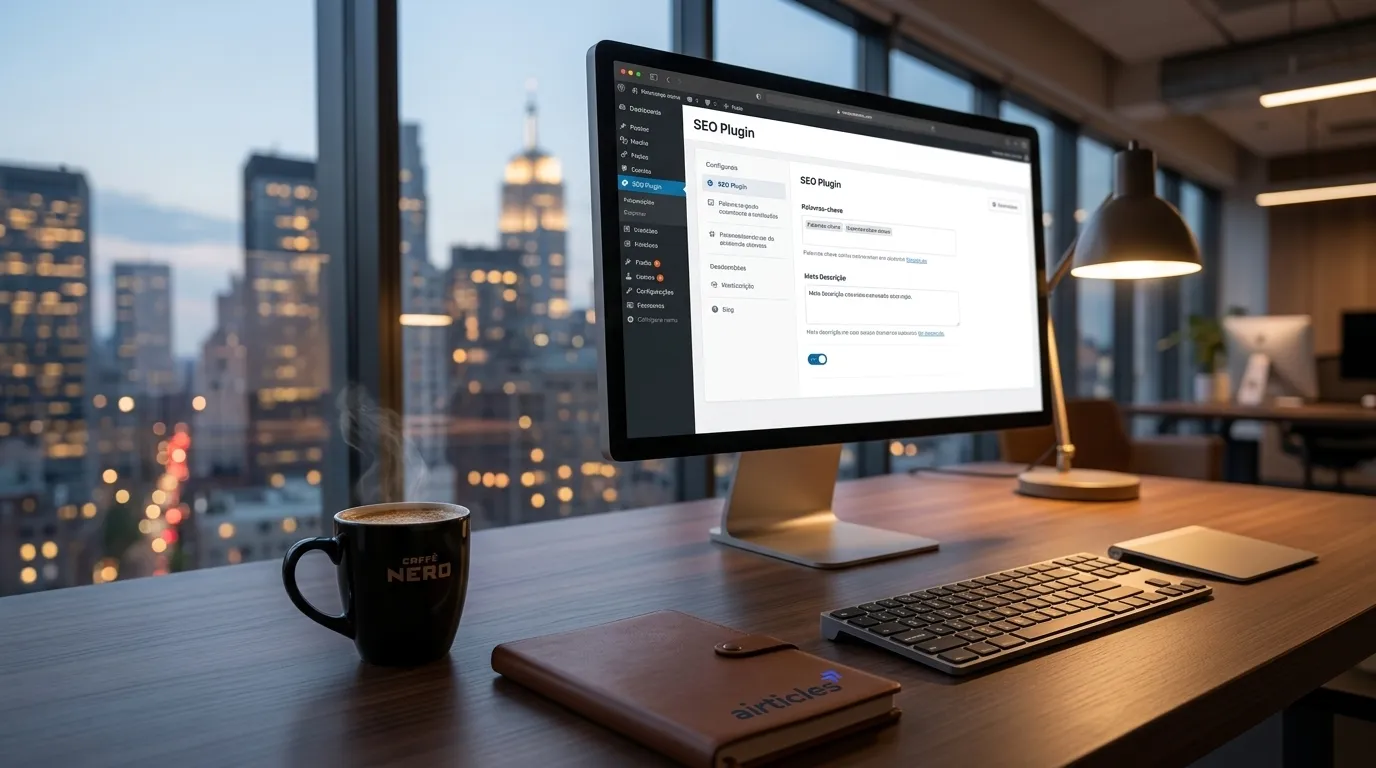 Computador com painel de configuração do plugin de seo em escritório corporativo
