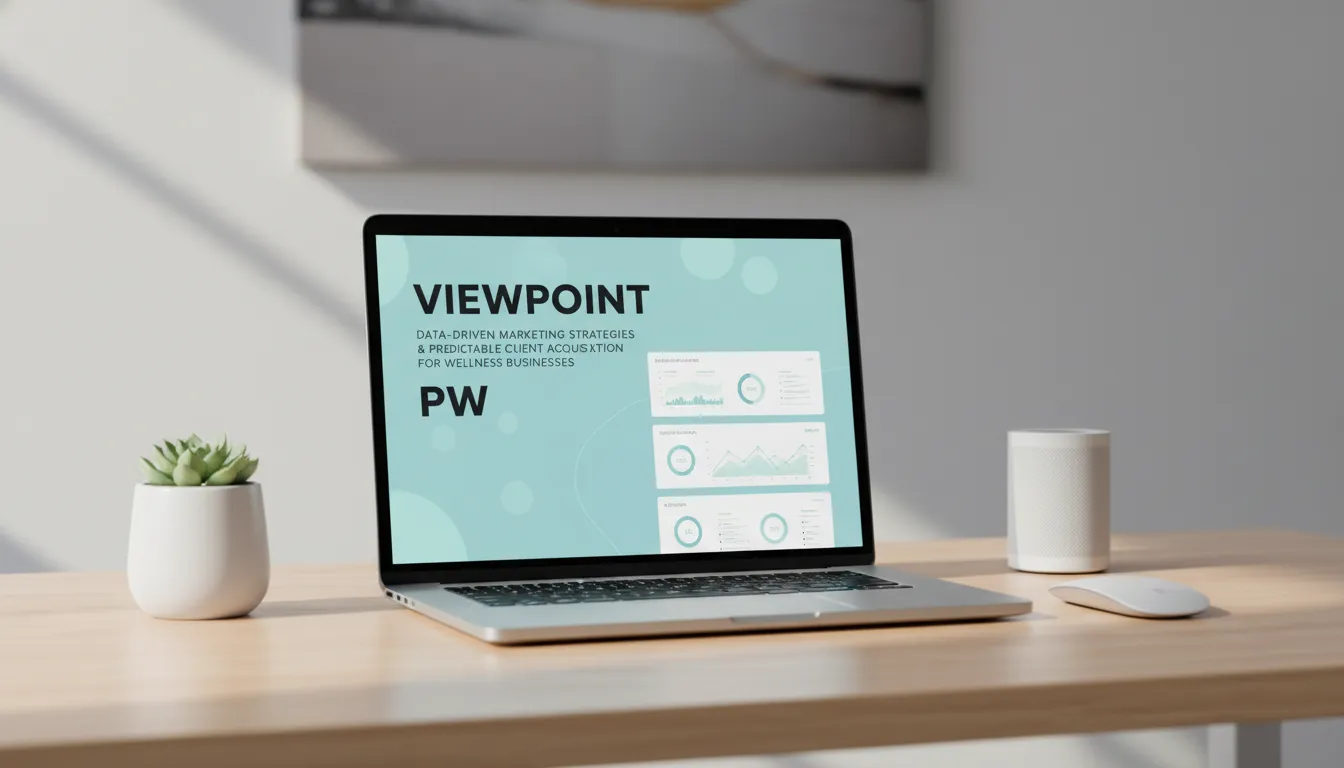Um dashboard em um laptop exibe métricas de marketing para negócios wellness, demonstrando a importância de programar envio mensagem whatsapp para aquisição de clientes.