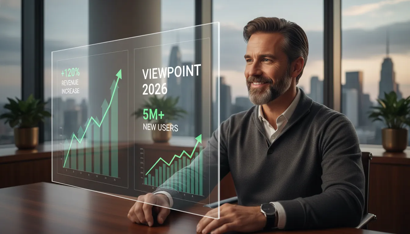 Empreendedora revisando dashboard com crescimento significativo, demonstrando sucesso com gatilhos de vendas da Viewpoint para negócios wellness em 2026.