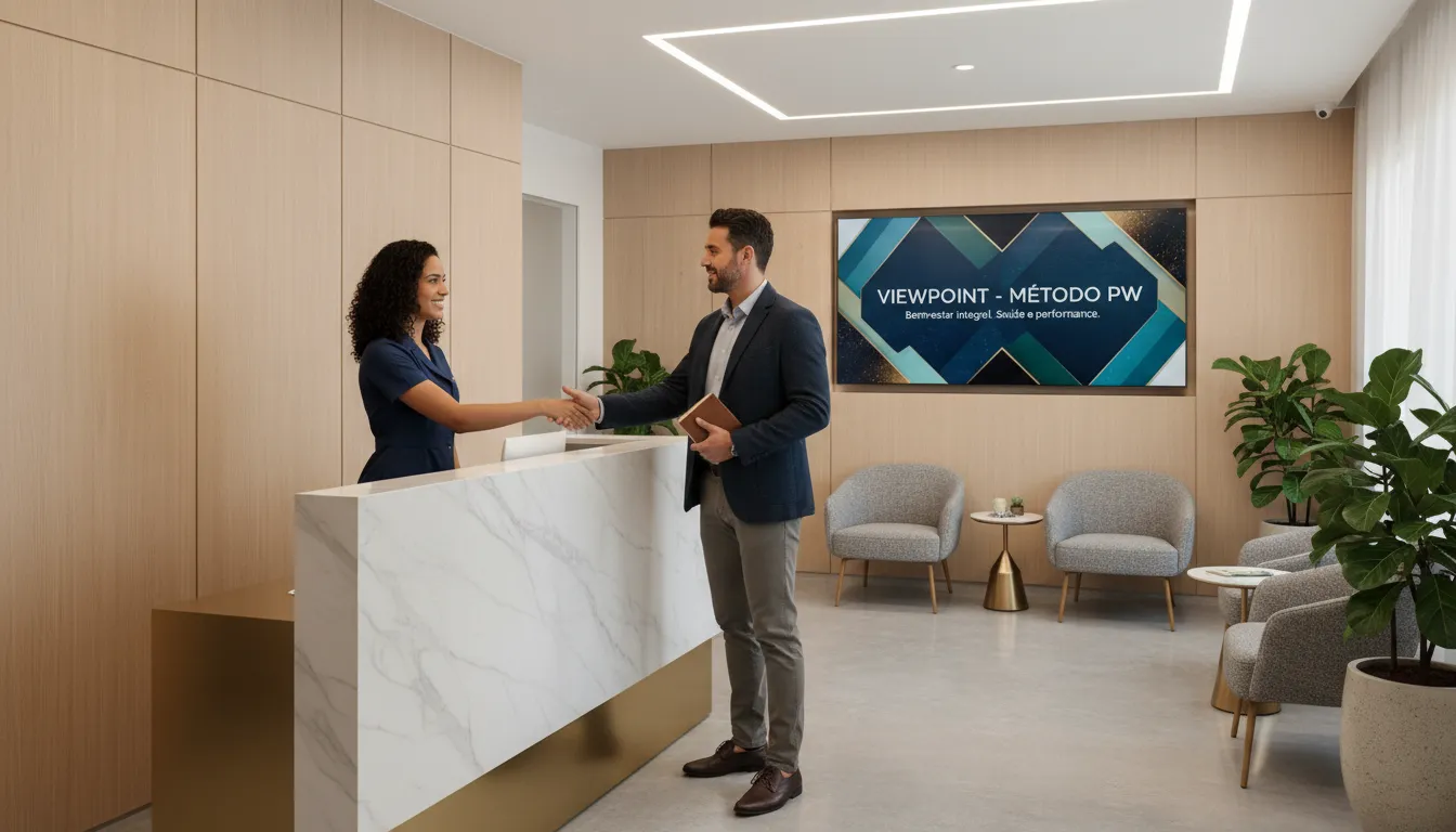 Recepção de clínica wellness com design premium e materiais de marketing da Viewpoint e Método PW, destacando a gestão de marketing pmes focada no bem-estar.