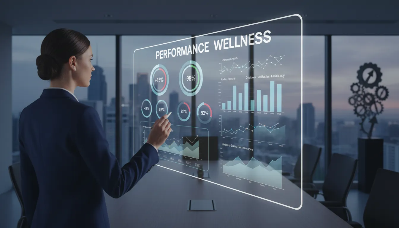 Dashboard de métricas de performance em um ambiente de escritório moderno.