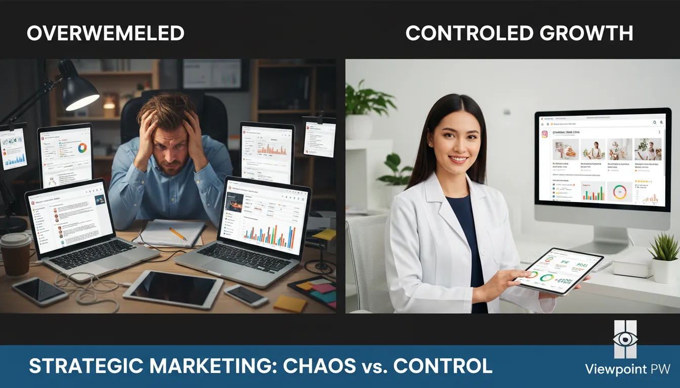 Contraste entre frustração e sucesso com marketing de email da Viewpoint. Visualização sobre a importância de criar listas de email para negócios wellness.