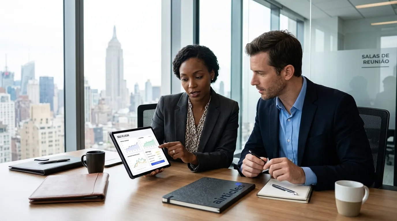 Profissionais de marketing analisando métricas de um plugin de seo no tablet