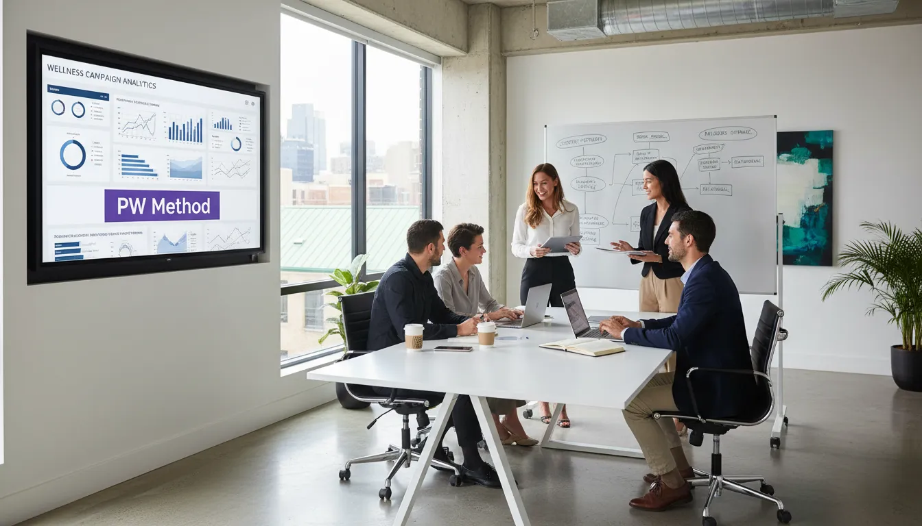 Equipe de marketing digital colaborando em estratégia para cliente wellness com foco em dados e posicionamento premium: gatilhos de vendas do Método PW.