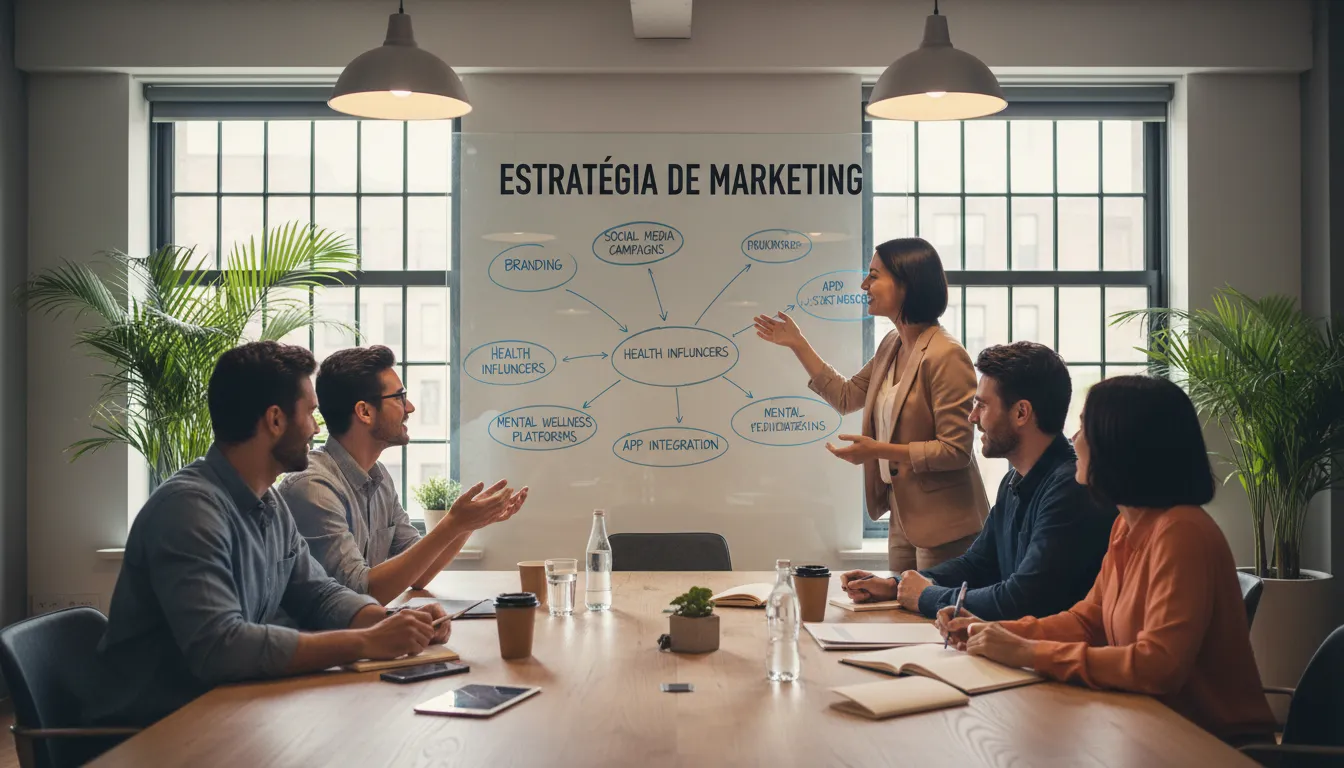Equipe diversificada discutindo estratégias de marketing wellness.