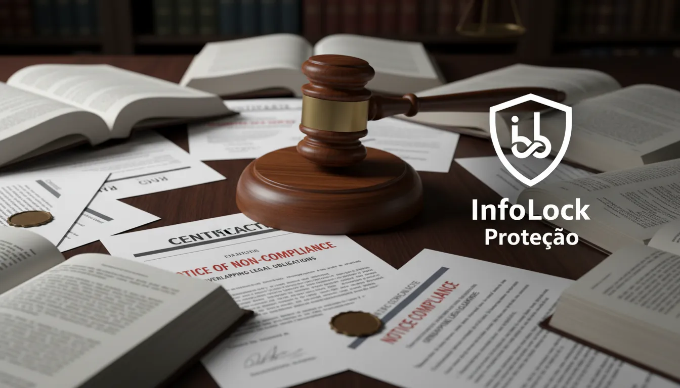 Ilustração do impacto de decisões judiciais com documentos legais, simbolizando as consequências do 'legal obligations overlap' e a proteção oferecida pela InfoLock.