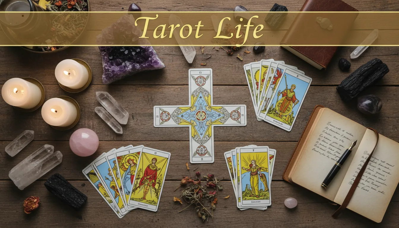 Visão de cima de cartas de tarot dispostas com cristais, velas e um diário, simbolizando como o tarot pode revolucionar a vida pessoal e o autoconhecimento, Aooraculo Blog.