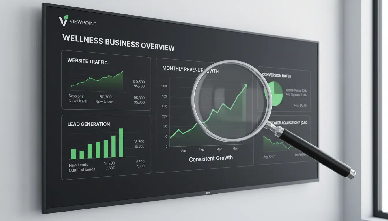 Dashboard de dados com KPIs de uma empresa de wellness, demonstrando o poder das plataformas automação de marketing para gerar crescimento.