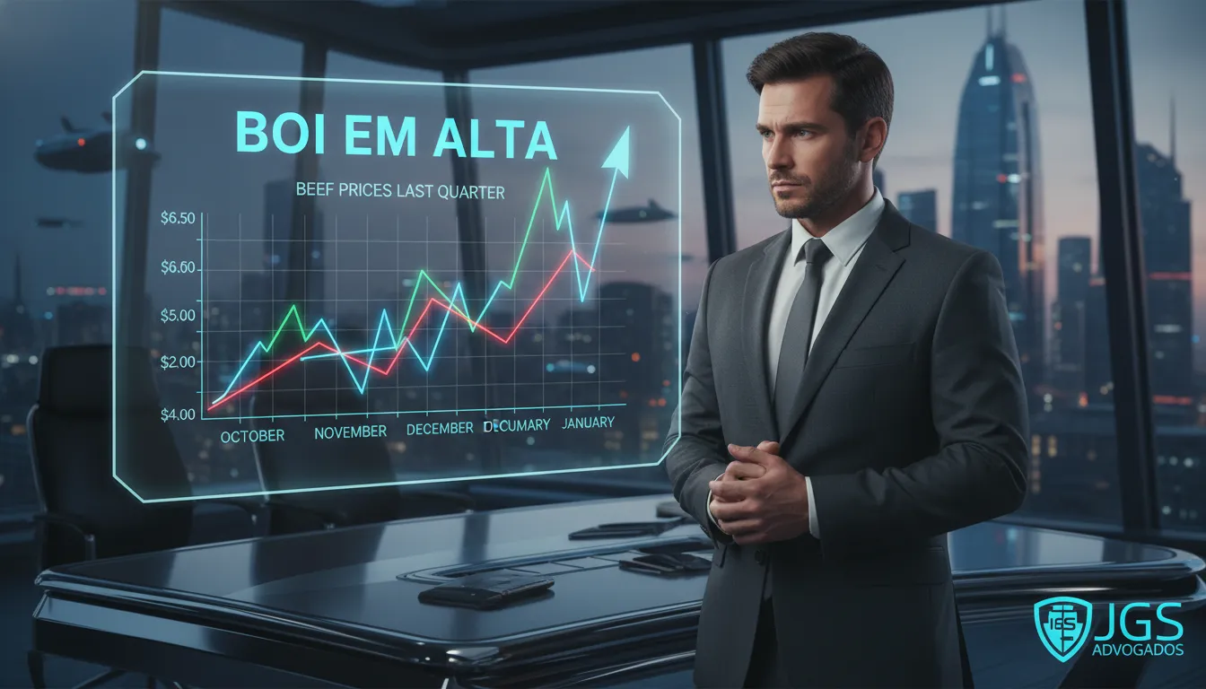 Gráfico mostrando a tendência de alta dos preços da carne bovina, exibido em tela holográfica, com um analista financeiro examinando, representando o cenário de alta da arroba do boi, com logo da JGS Advogados.