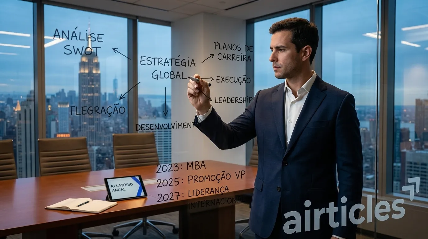Executivo desenha estrategia de mapa de carreira palavras-chave em quadro de vidro corporativo.