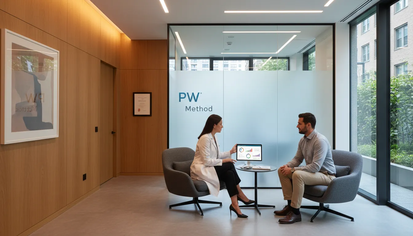 Clínica wellness com médico e paciente analisando dados no tablet, destacando a importância de uma mensagem automática whatsapp business orientada a dados.