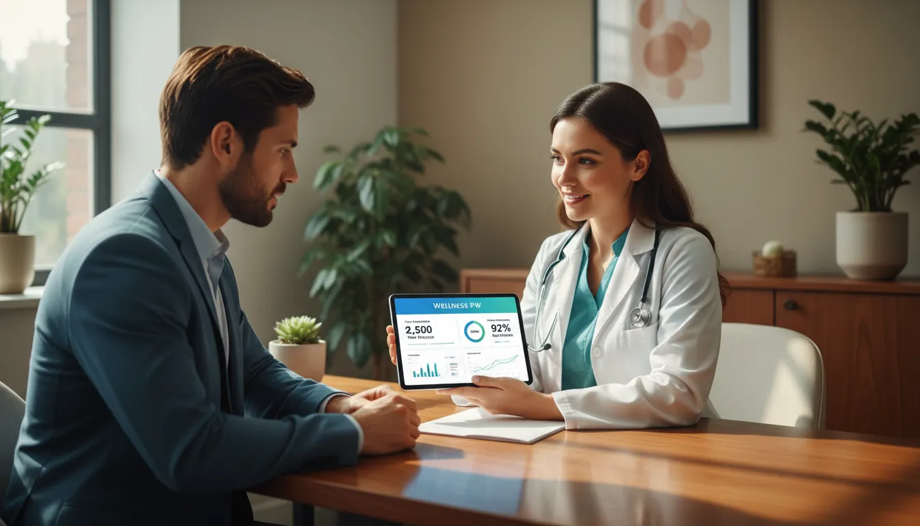 Em uma clínica wellness, médico analisa dashboard que gera resultados, exibindo métricas de aquisição e retenção de pacientes.