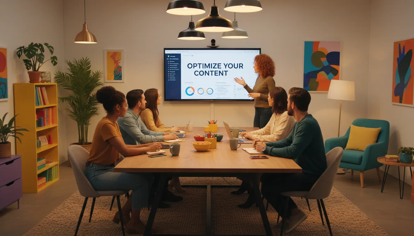 Reunião de equipe de marketing digital em ambiente colaborativo.