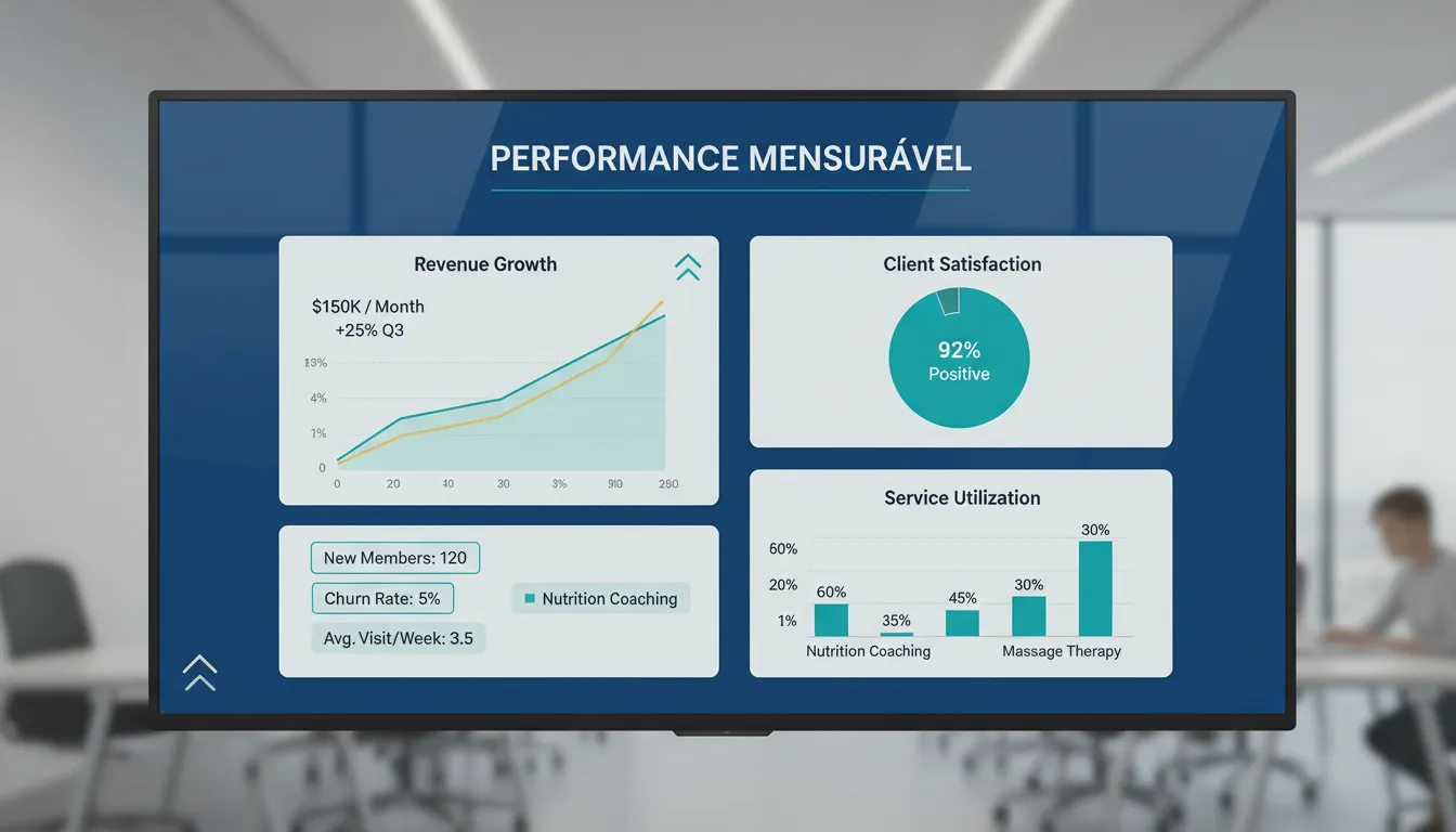 Dashboard digital com métricas de desempenho para um negócio de bem-estar.