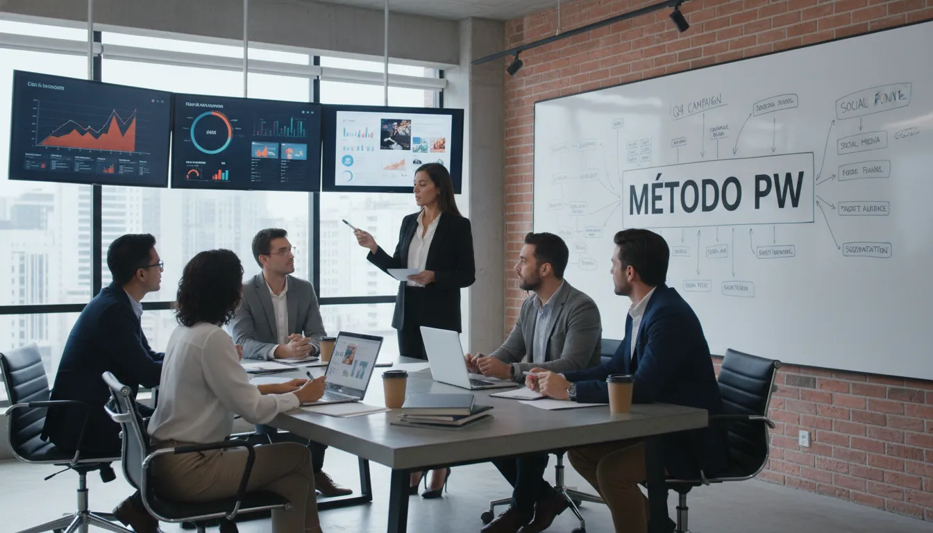 Equipe de marketing discutindo estratégias em um escritório moderno e colaborativo.