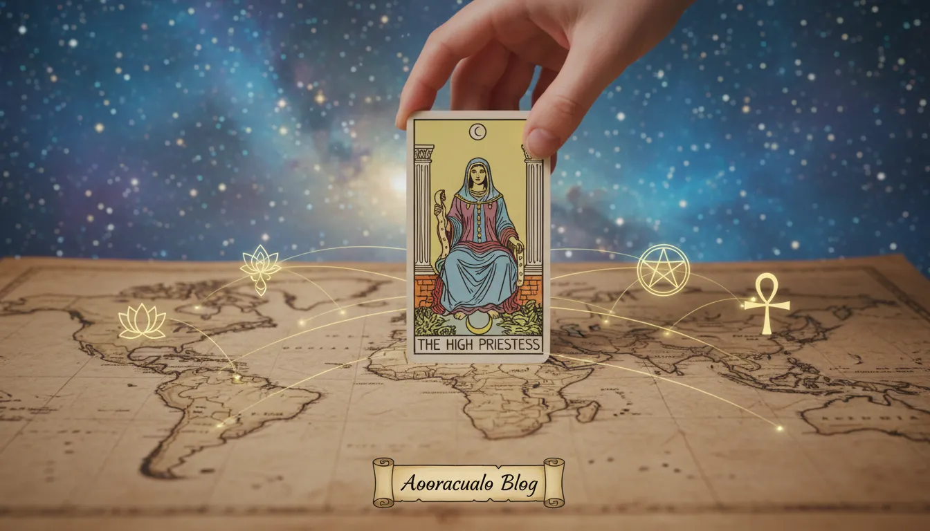 Close-up da carta da Papisa sobre um mapa, simbolizando a união do tarot e tradições espirituais globais, no contexto do Aooraculo Blog.