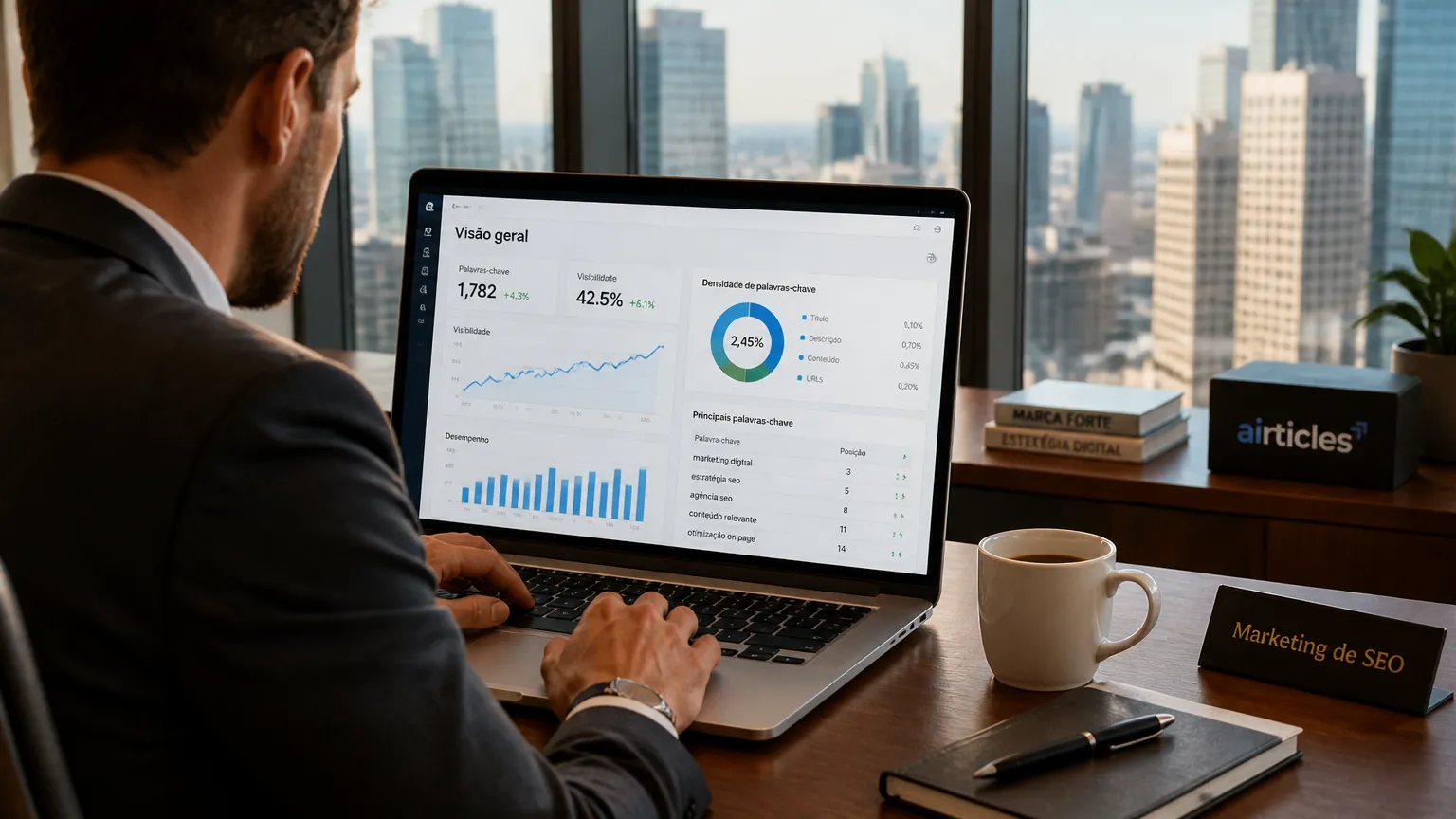 Estrategista aplicando técnicas de marketing de SEO para atrair novos clientes.