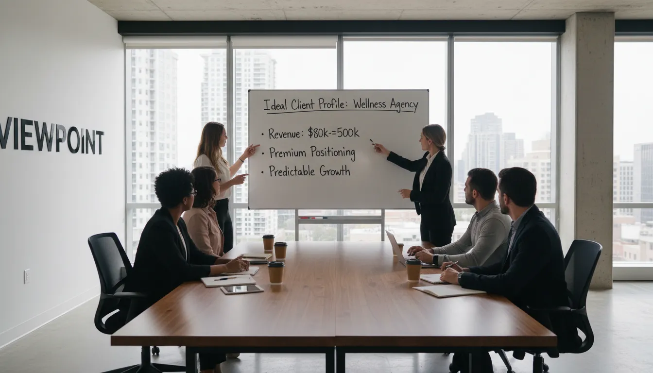 Cenário de agência de marketing discutindo o perfil ideal de cliente para um dashboard de KPIs, mostrando 'como fazer dashboard' eficaz para agências wellness.