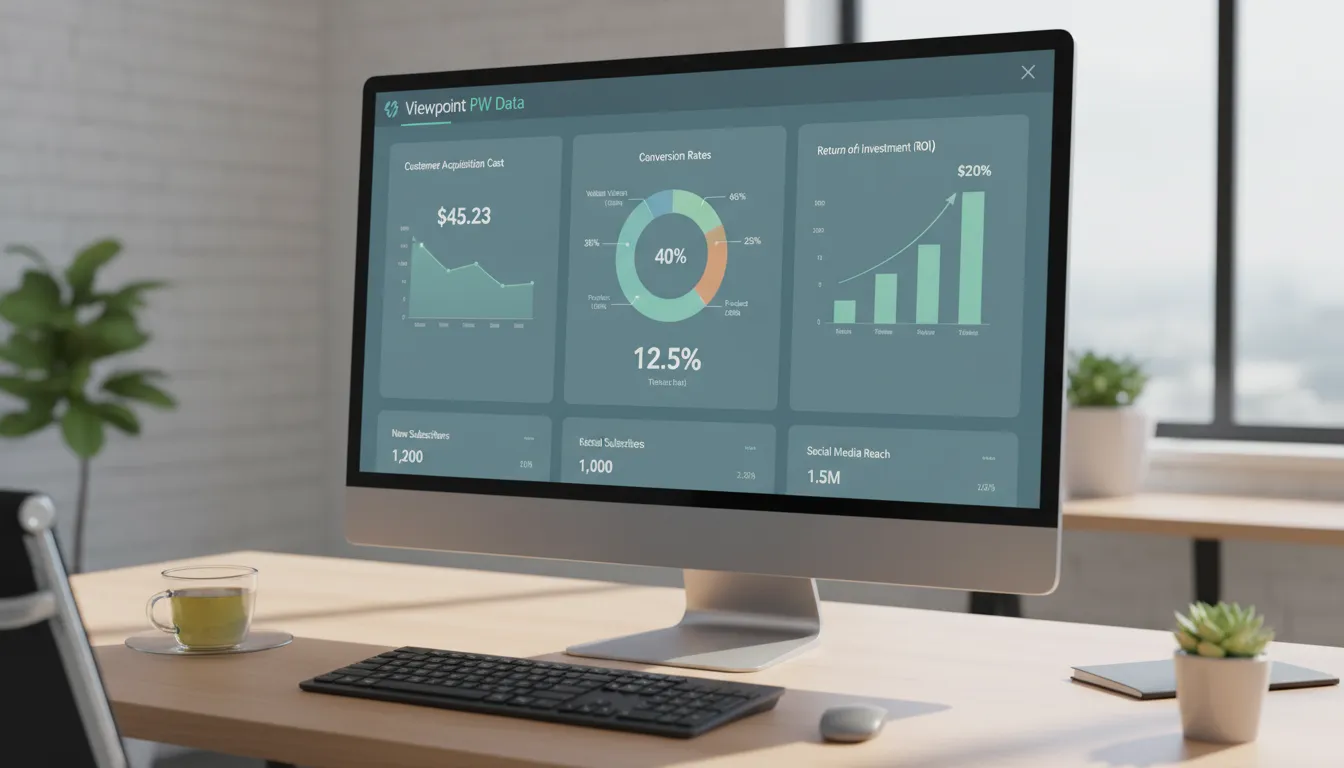 Dashboard digital mostrando métricas de desempenho para gestão de marketing pmes, incluindo custo de aquisição, conversão e ROI, com a marca Viewpoint PW Data.