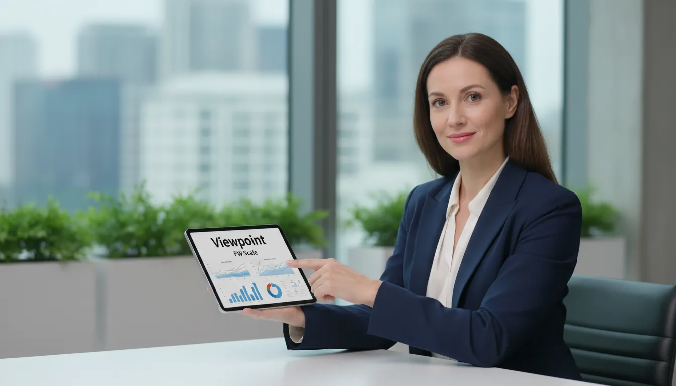 Proprietário de negócio wellness, entre 35 e 45 anos, analisando dados de marketing de performance em um tablet com confiança. Viewpoint auxiliando no crescimento.