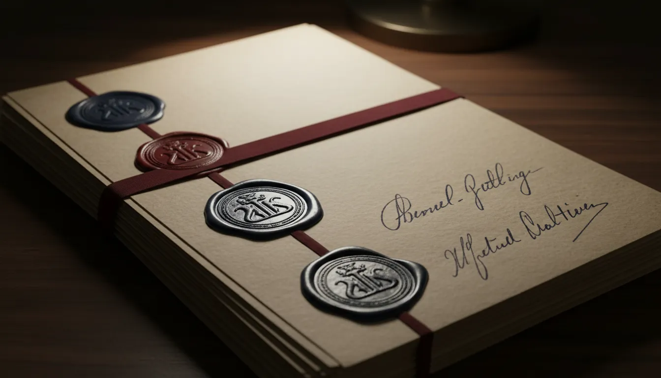 Detalhe de documentos legais de um processo de plano de saúde em Campinas, com selos e assinaturas, representando a seriedade do caso, conduzido por um advogado.