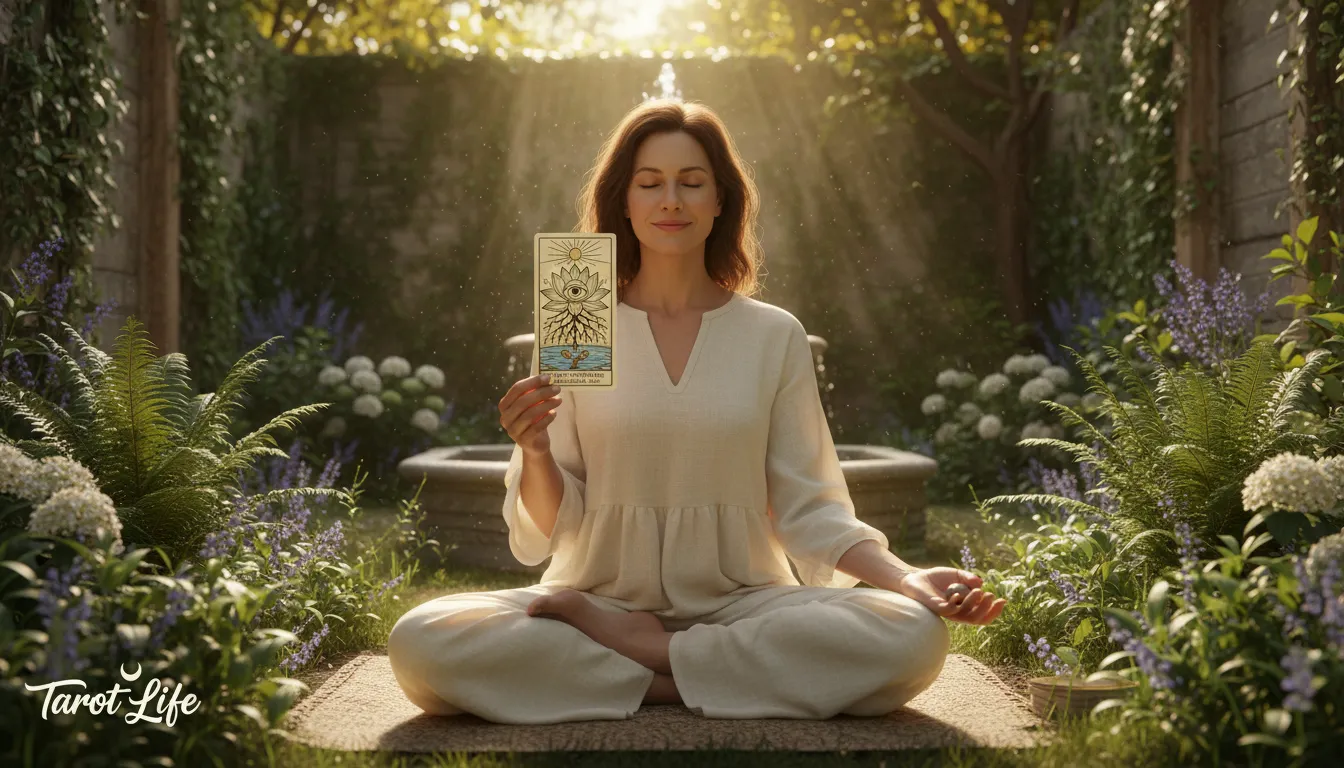 5 Dicas de Como o Tarot pode revolucionar sua vida pessoal, Descubra! Uma mulher serena meditando em um jardim, segurando uma carta de tarot que simboliza autoconhecimento e a capacidade do tarot para revolucionar a vida pessoal.