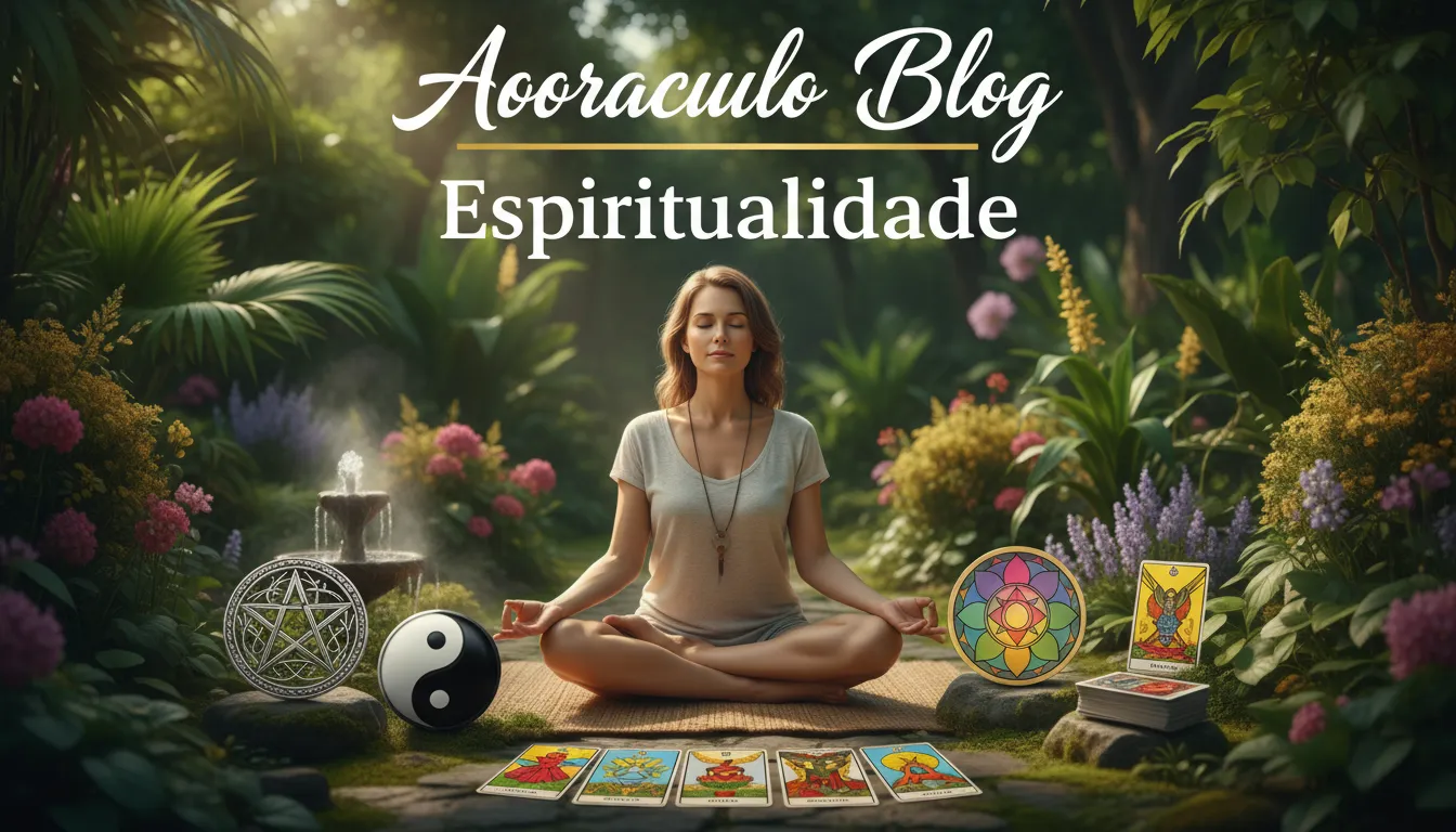 Mulher meditando com símbolos de tarot e tradições espirituais em um jardim, representando a busca por sabedoria interior no Aooraculo Blog.