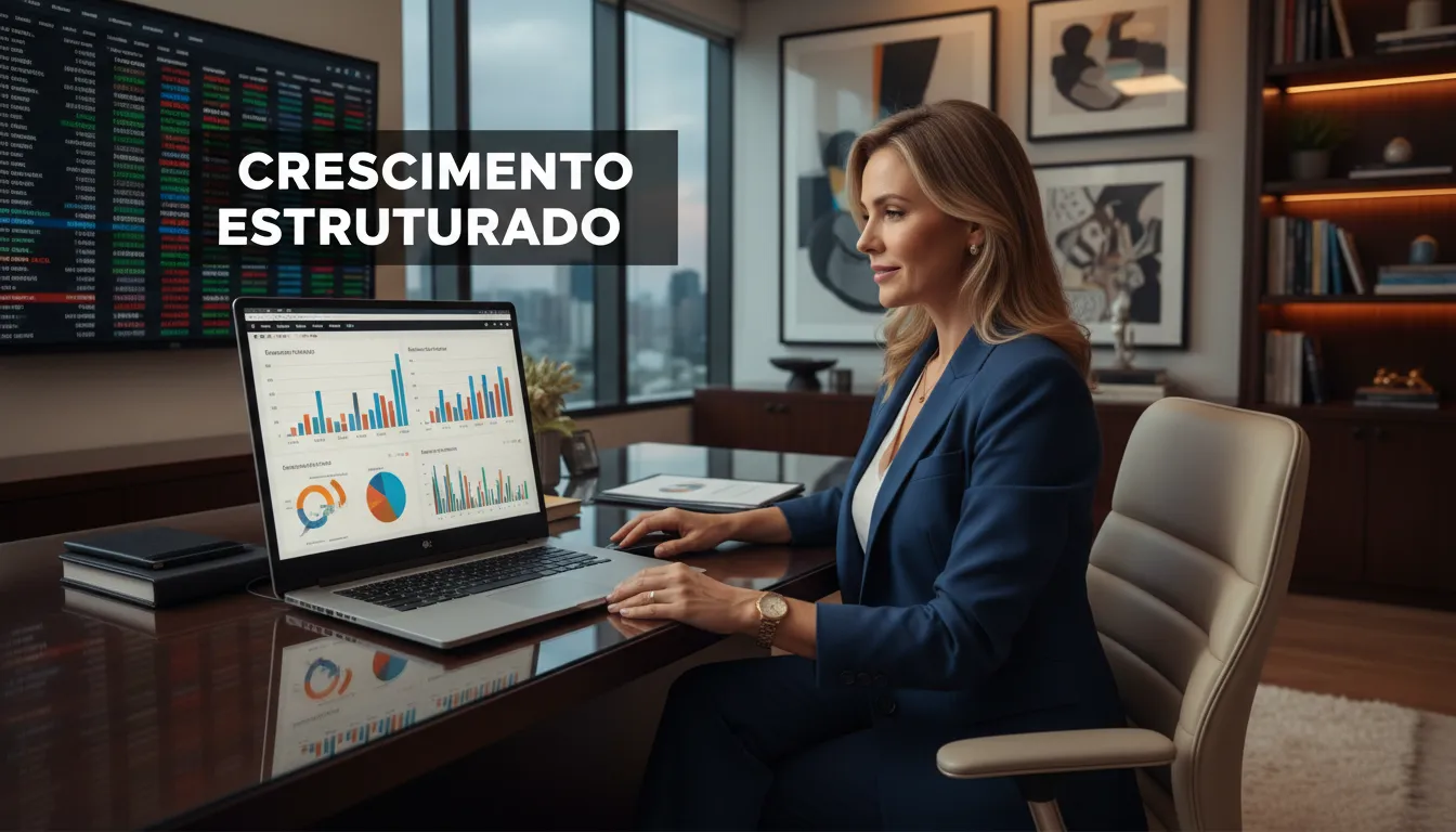 Empresário analisando dados em um escritório luxuoso, destacando controle e crescimento.