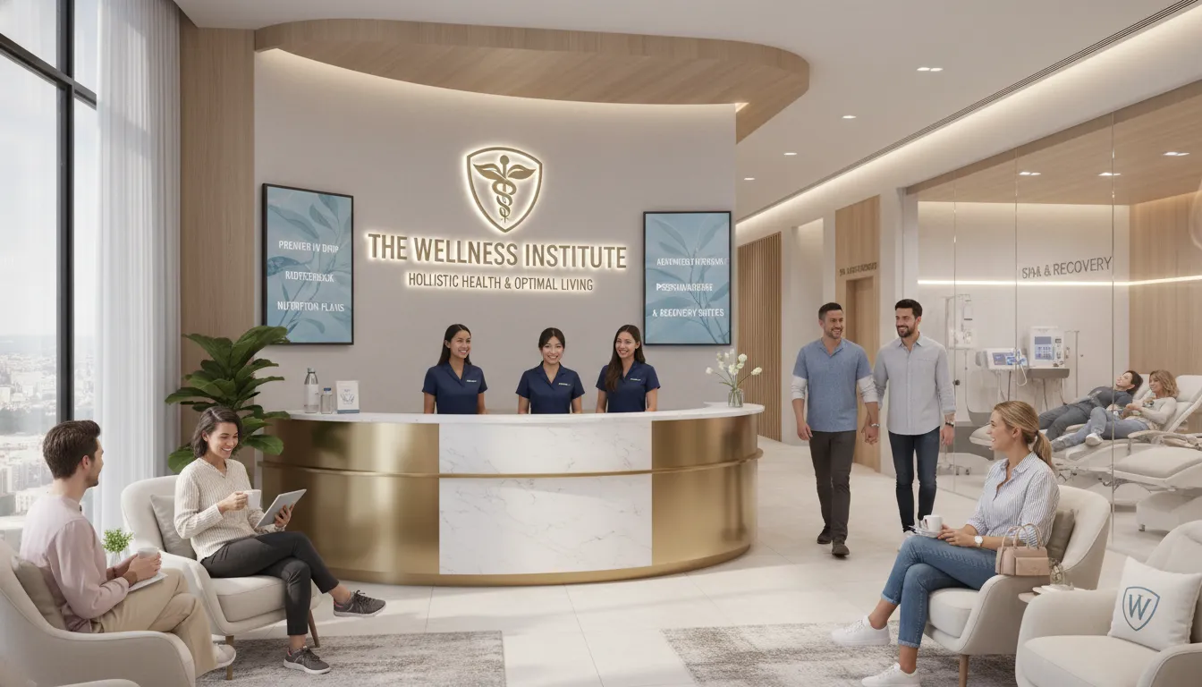 Clínica de wellness vibrante com clientes satisfeitos e serviços premium.