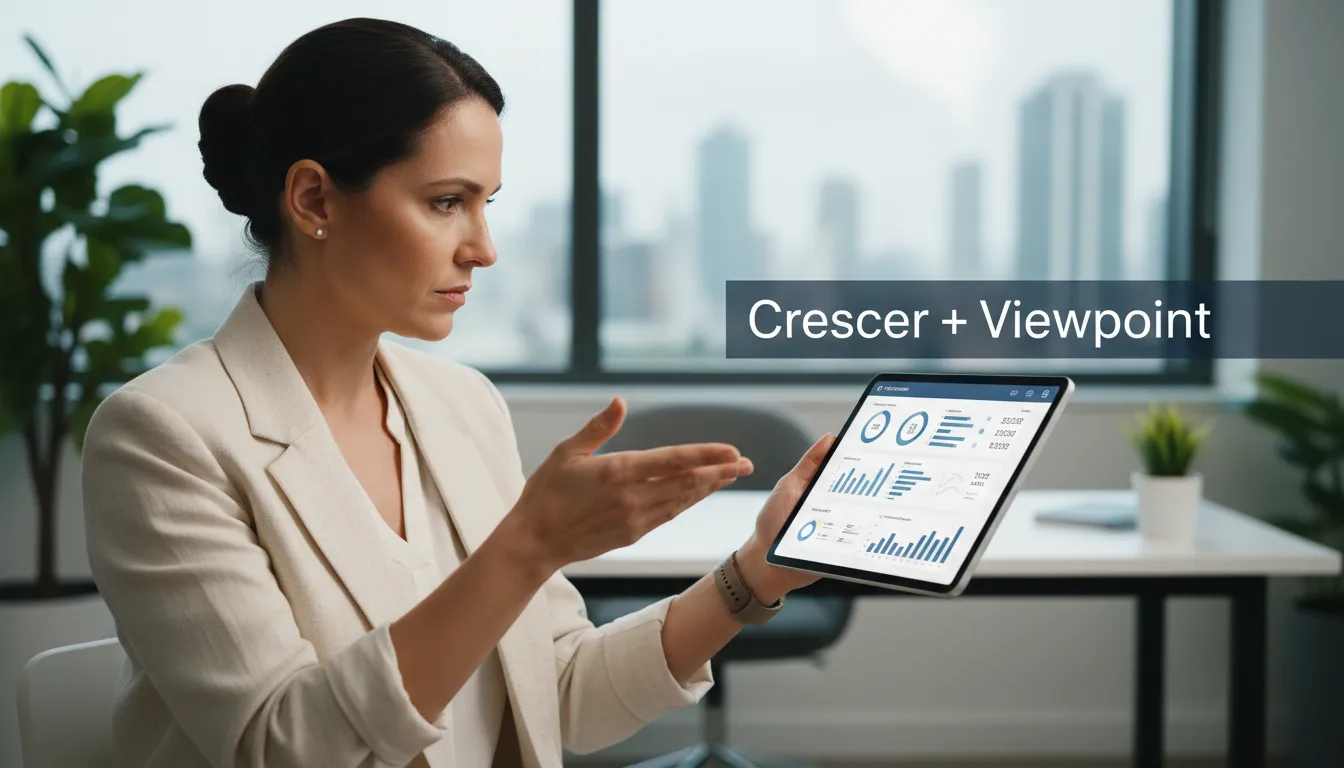 Proprietário de negócio wellness analisando dados de CRM, representando crm gratuitos escalar negócio com a Viewpoint para crescimento.