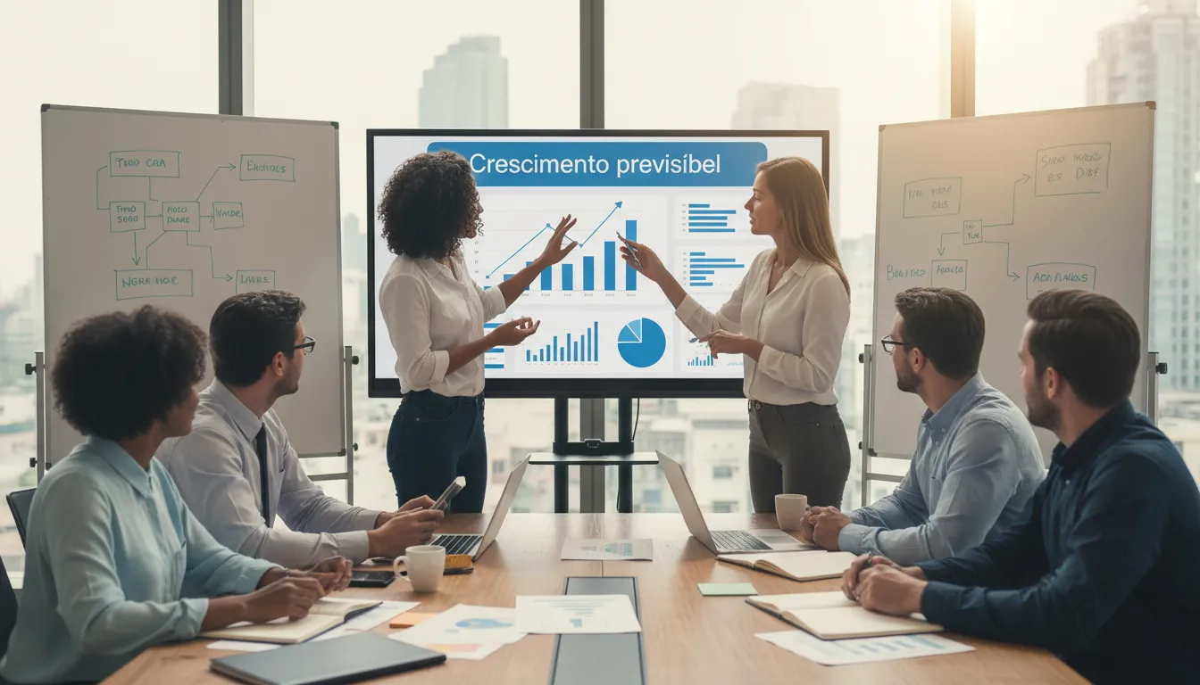 Reunião de marketing com foco em dados para crescimento de negócios wellness.