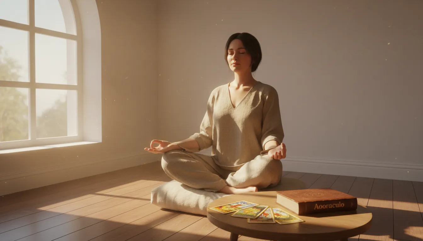 Pessoa meditando com cartas de tarot, representando a jornada de autoconhecimento e como o tarot revolucionar vida pessoal através da reflexão e introspecção.