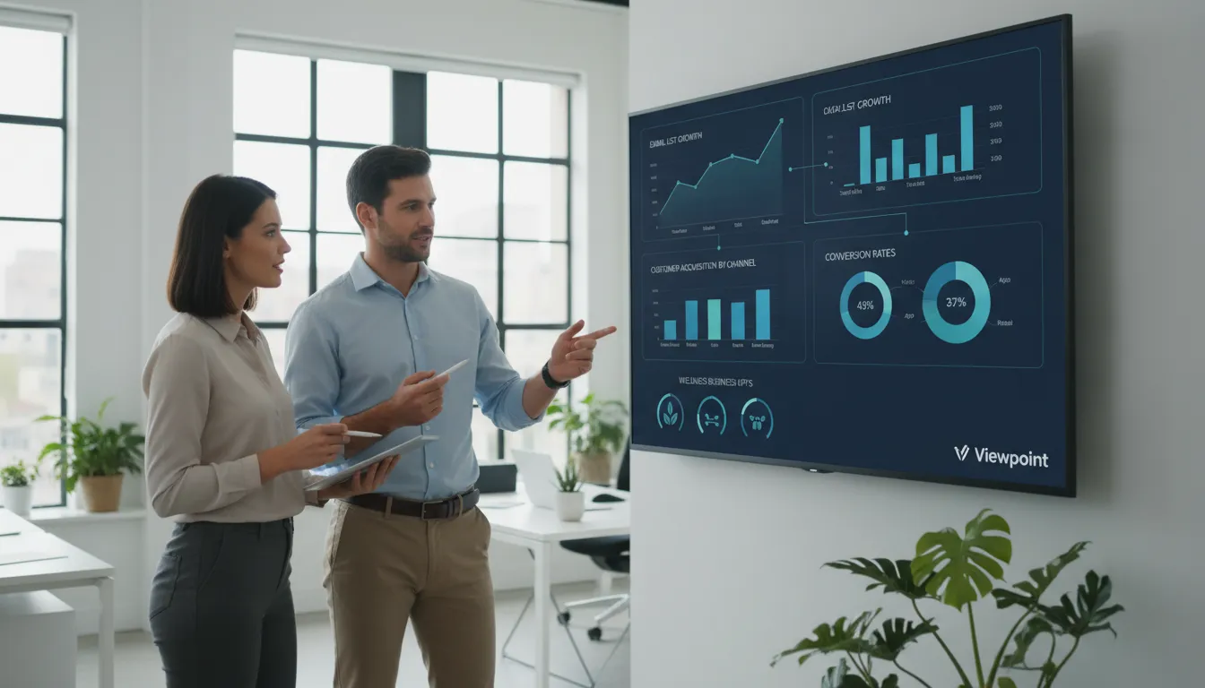 Dashboard de marketing digital exibindo métricas de sucesso na Viewpoint. Imagem ilustrativa sobre como criar listas de email eficazes para o setor wellness.