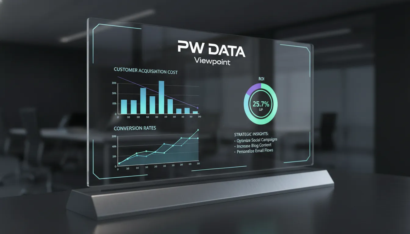 Painel de controle exibindo métricas de marketing de performance para negócio wellness, com dados claros e decisões estratégicas. Marca Viewpoint em destaque.