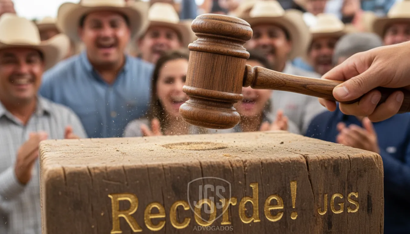 Foto detalhada de leilão de gado com foco no martelo do leiloeiro, representando as exportações recordes e a valorização da arroba do boi, com logo da JGS Advogados.