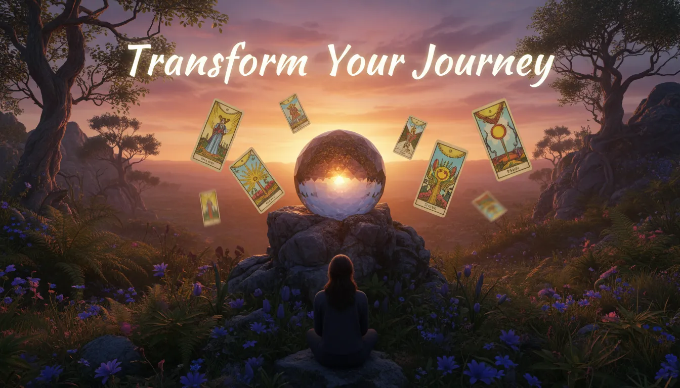 Cenário ao ar livre com cartas de tarot e uma bola de cristal ao pôr do sol.