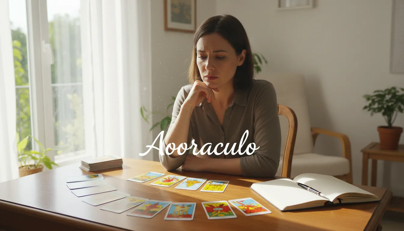 Mulher concentrada lendo cartas de tarot, representando a busca por autoconhecimento e como o tarot revolucionar vida pessoal, guiada pelos insights do Aooraculo.